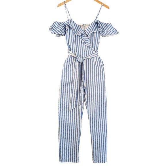 Main Strip Pants - Main Strip, Blue & White Stripe, Off Shoulder Jumpsuit, Spaghetti Straps, Medium
